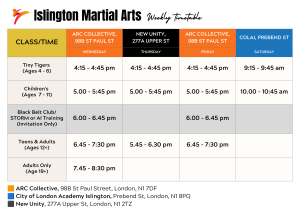 Islington Martial Arts Weekly Class Timetable